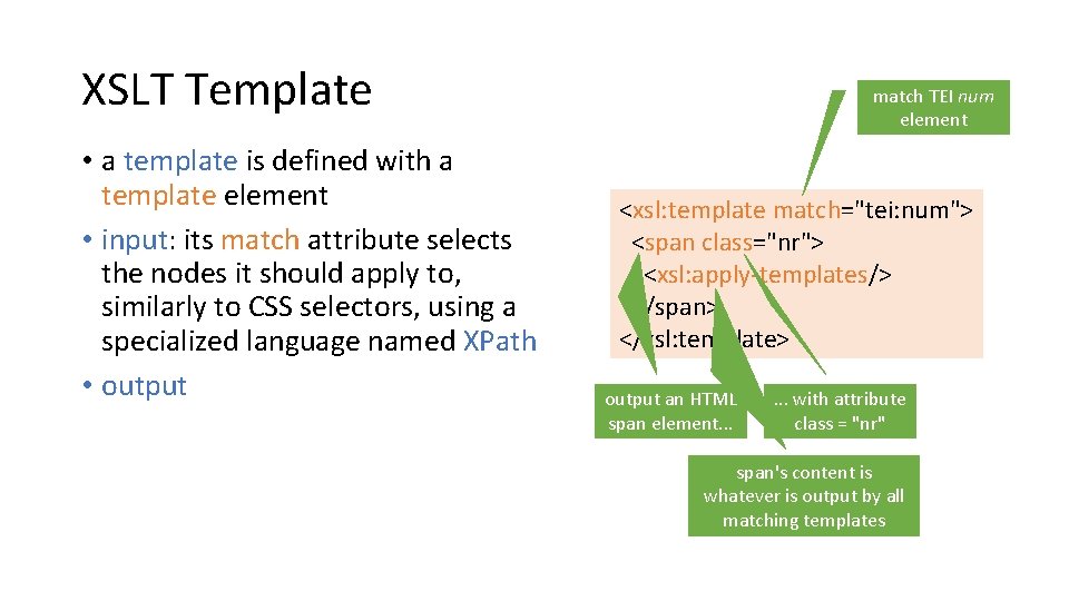 XSLT Template • a template is defined with a template element • input: its