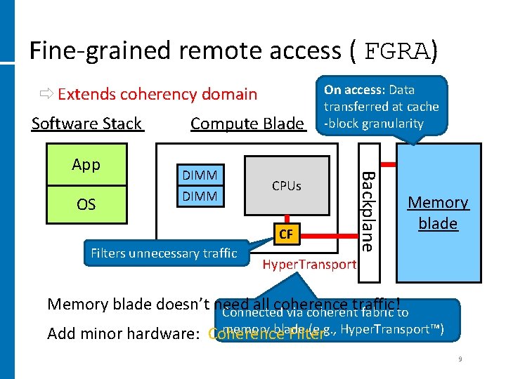 Fine-grained remote access ( FGRA) ð Extends coherency domain Software Stack OS DIMM CPUs