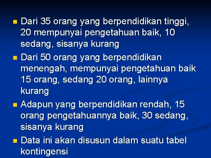 Dari 35 orang yang berpendidikan tinggi, 20 mempunyai pengetahuan baik, 10 sedang, sisanya kurang