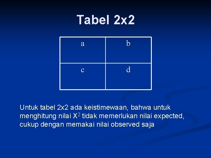 Tabel 2 x 2 a b c d Untuk tabel 2 x 2 ada