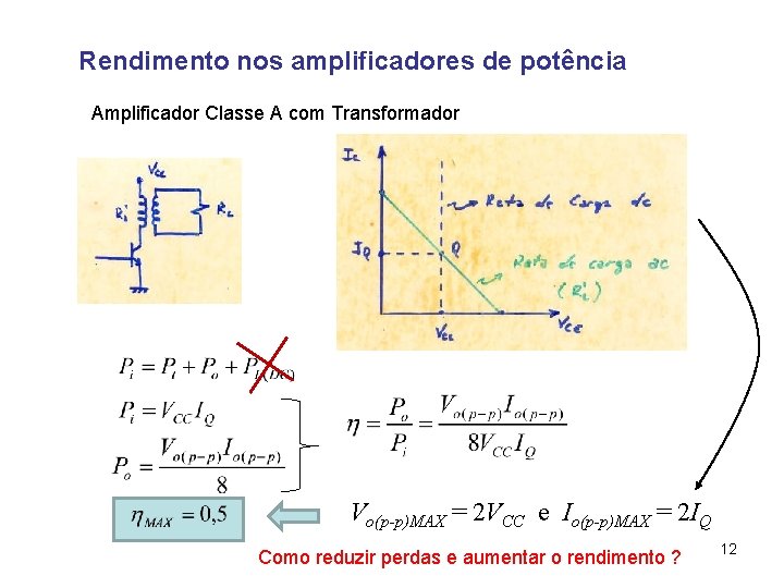 Rendimento nos amplificadores de potência Amplificador Classe A com Transformador Vo(p-p)MAX = 2 VCC