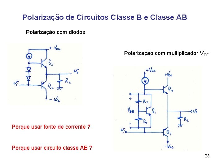 Polarização de Circuitos Classe B e Classe AB Polarização com diodos Polarização com multiplicador