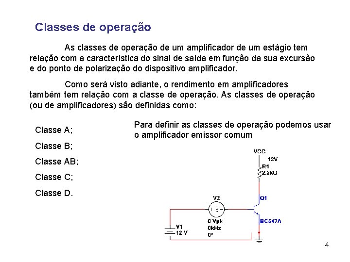 Classes de operação As classes de operação de um amplificador de um estágio tem