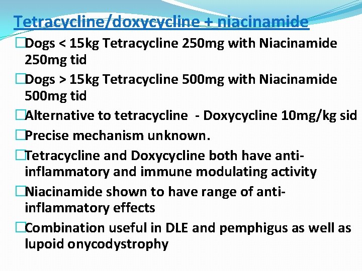 Tetracycline/doxycycline + niacinamide �Dogs < 15 kg Tetracycline 250 mg with Niacinamide 250 mg