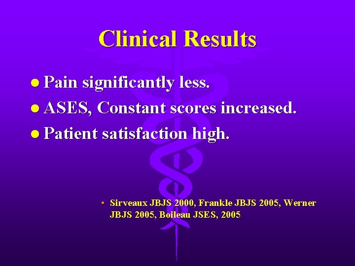 Clinical Results l Pain significantly less. l ASES, Constant scores increased. l Patient satisfaction
