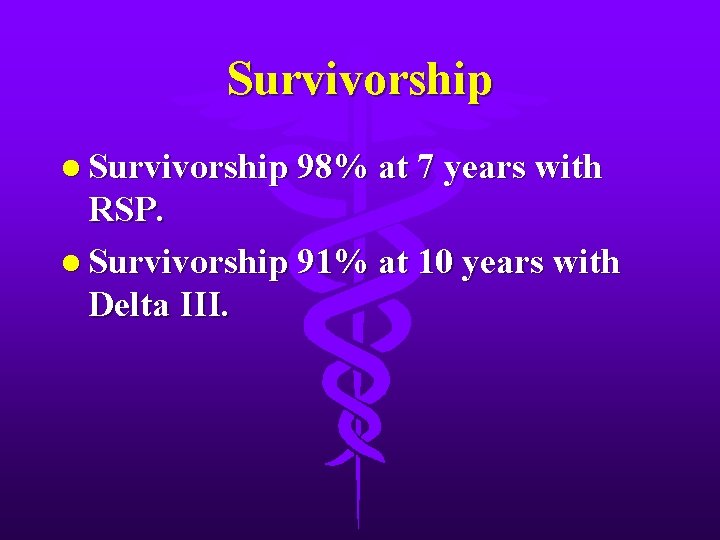 Survivorship l Survivorship 98% at 7 years with RSP. l Survivorship 91% at 10