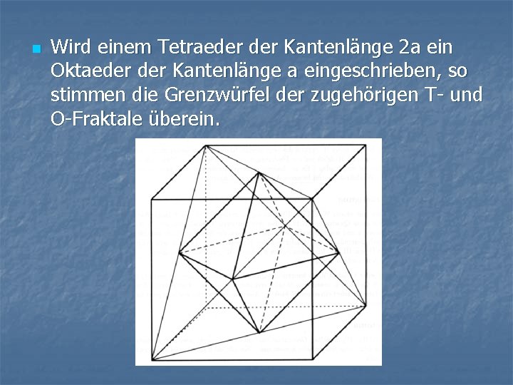 n Wird einem Tetraeder Kantenlänge 2 a ein Oktaeder Kantenlänge a eingeschrieben, so stimmen