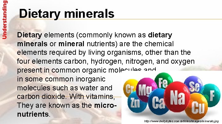 Understanding Dietary minerals Dietary elements (commonly known as dietary minerals or mineral nutrients) are