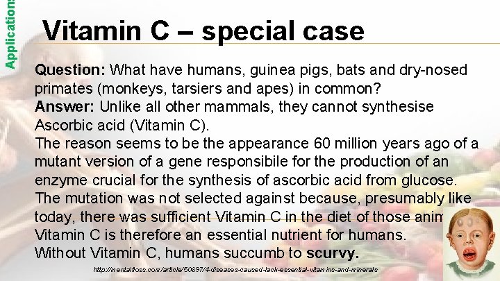 Application Vitamin C – special case Question: What have humans, guinea pigs, bats and