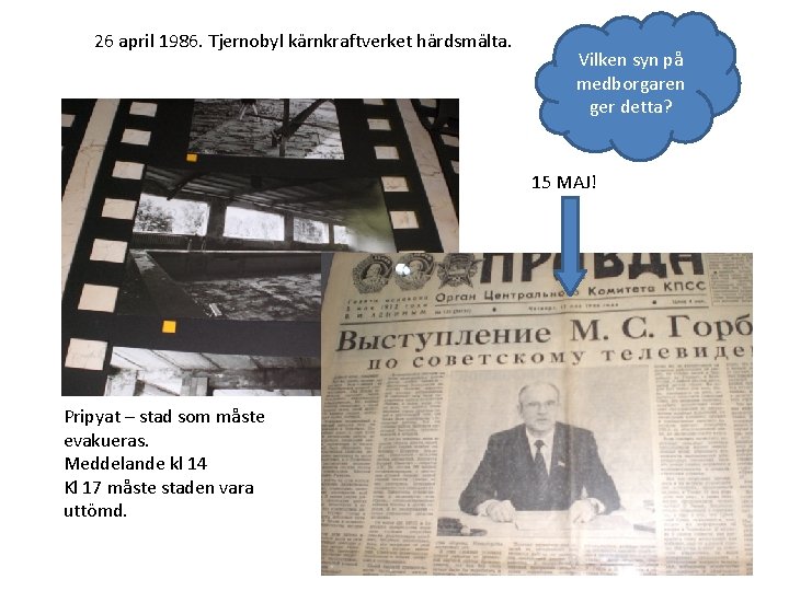 26 april 1986. Tjernobyl kärnkraftverket härdsmälta. Vilken syn på medborgaren ger detta? 15 MAJ!