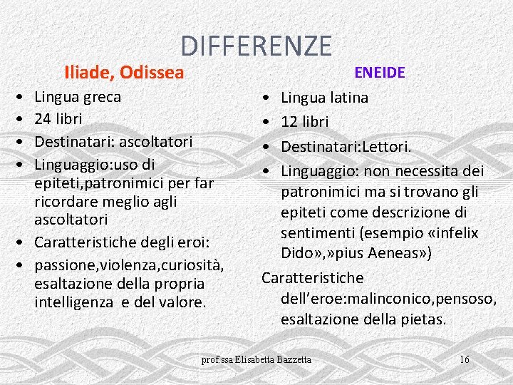 DIFFERENZE Iliade, Odissea • • Lingua greca 24 libri Destinatari: ascoltatori Linguaggio: uso di