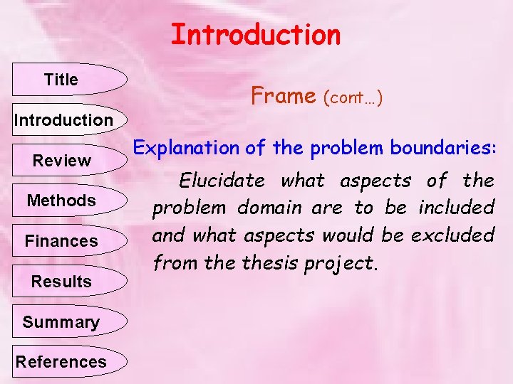 Introduction Title Frame (cont…) Introduction Review Methods Finances Results Summary References Explanation of the