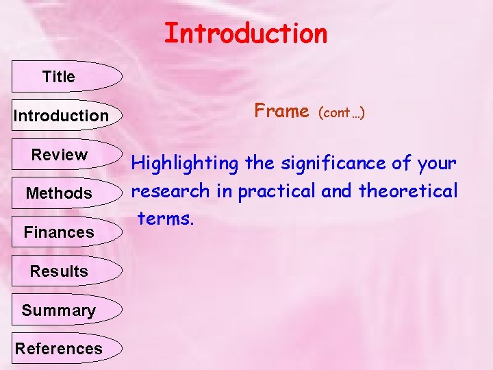 Introduction Title Introduction Review Methods Finances Results Summary References Frame (cont…) Highlighting the significance