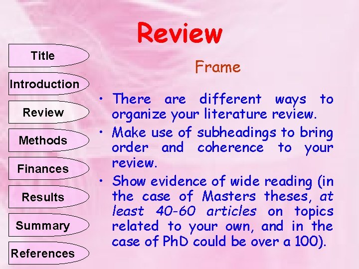 Title Introduction Review Methods Finances Results Summary References Review Frame • There are different