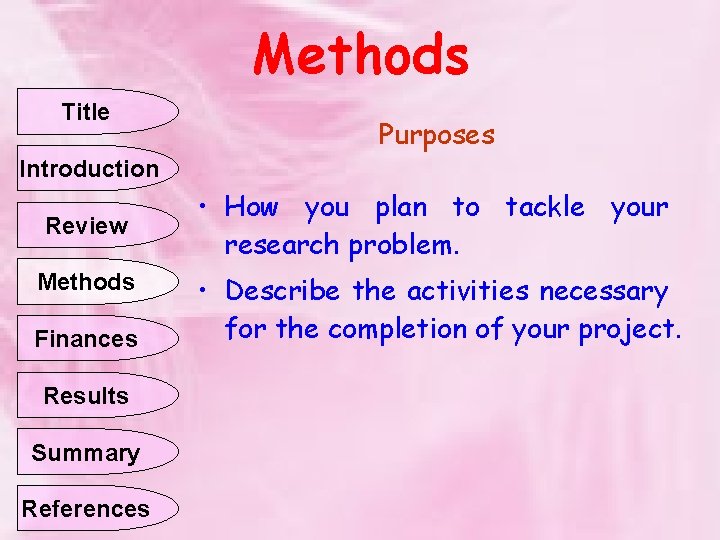 Methods Title Purposes Introduction Review Methods Finances Results Summary References • How you plan