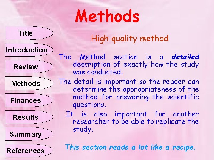 Methods Title Introduction Review Methods Finances Results Summary References High quality method The Method
