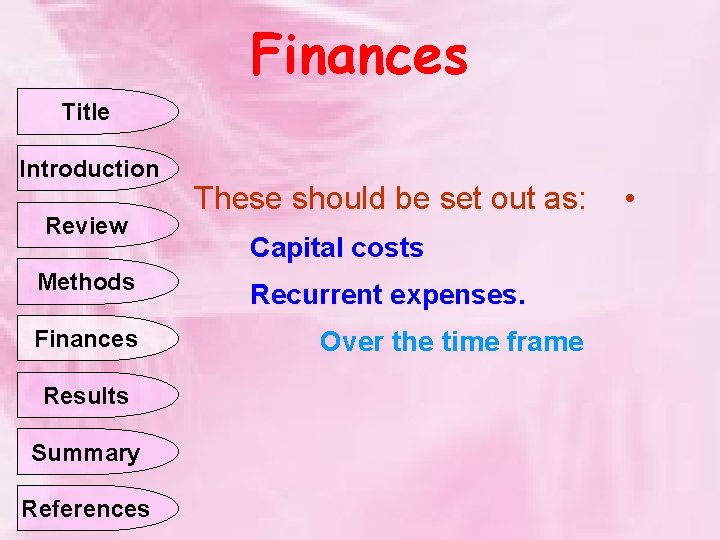 Finances Title Introduction Review Methods Finances Results Summary References These should be set out