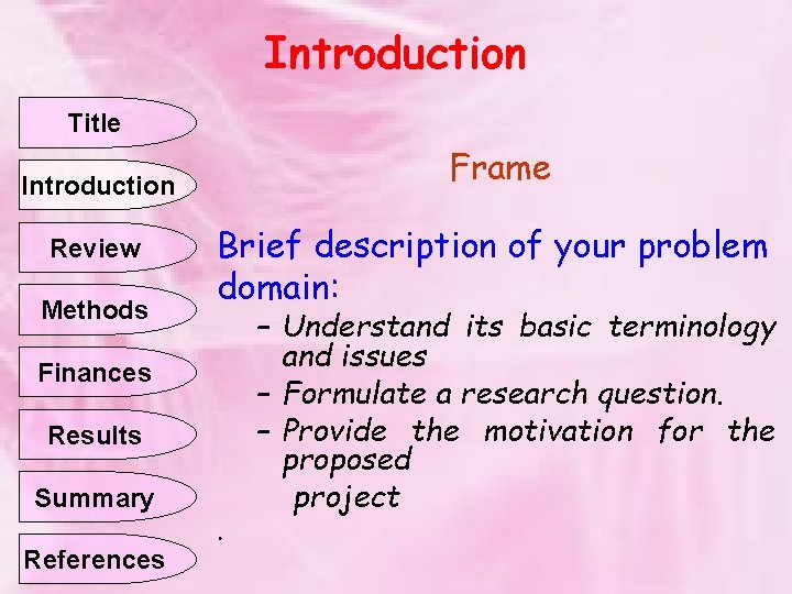 Introduction Title Frame Introduction Review Methods Brief description of your problem domain: Finances Results
