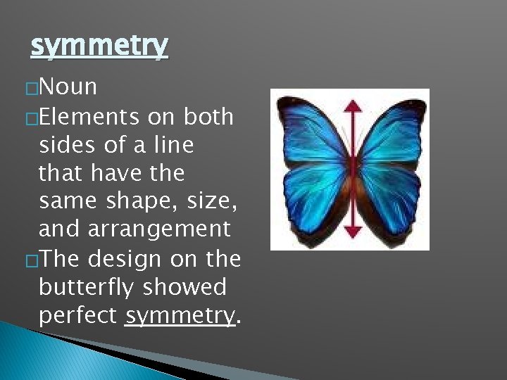 symmetry �Noun �Elements on both sides of a line that have the same shape,