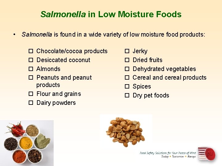 Salmonella in Low Moisture Foods • Salmonella is found in a wide variety of