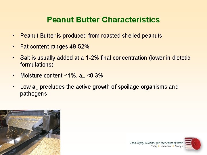 Peanut Butter Characteristics • Peanut Butter is produced from roasted shelled peanuts • Fat