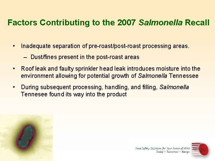 Factors Contributing to the 2007 Salmonella Recall • Inadequate separation of pre-roast/post-roast processing areas.