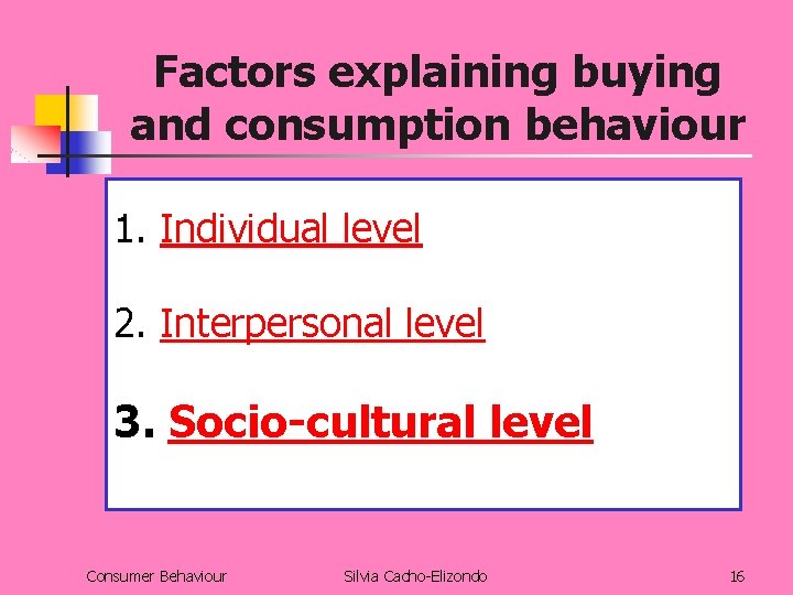 Factors explaining buying and consumption behaviour 1. Individual level 2. Interpersonal level 3. Socio-cultural