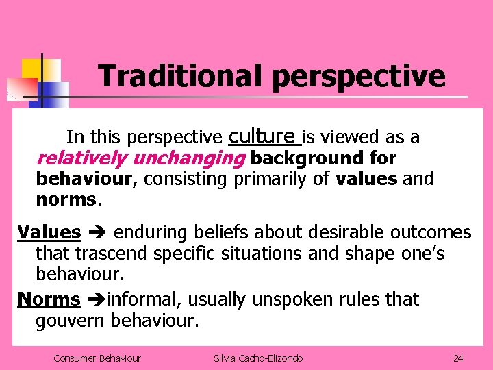 Traditional perspective In this perspective culture is viewed as a relatively unchanging background for