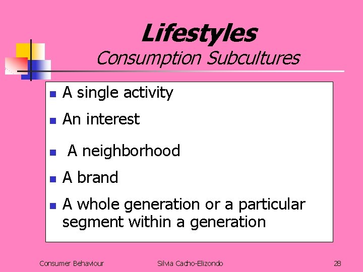 Lifestyles Consumption Subcultures n A single activity n An interest n A neighborhood n