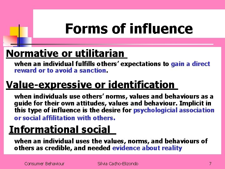 Forms of influence Normative or utilitarian when an individual fulfills others’ expectations to gain