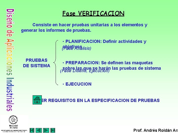 Fase VERIFICACION Consiste en hacer pruebas unitarias a los elementos y generar los informes