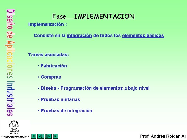 Fase IMPLEMENTACION Implementación : Consiste en la integración de todos los elementos básicos Tareas