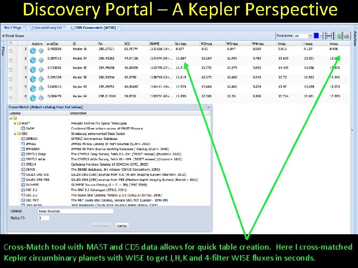 Discovery Portal – A Kepler Perspective Cross-Match tool with MAST and CDS data allows