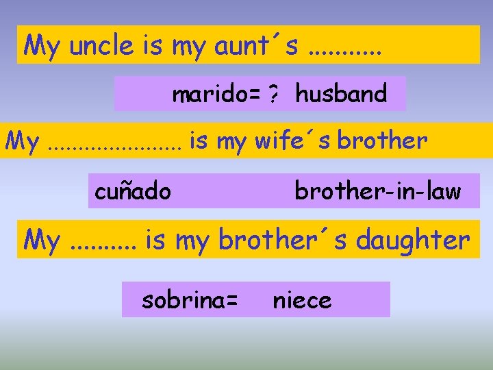 My uncle is my aunt´s. . . marido= ? husband My. . . .