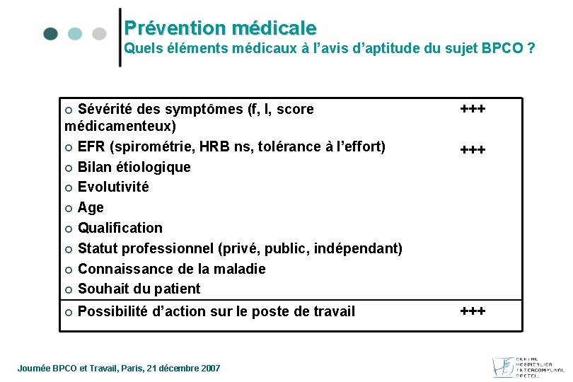 Prévention médicale Quels éléments médicaux à l’avis d’aptitude du sujet BPCO ? ¢ Sévérité