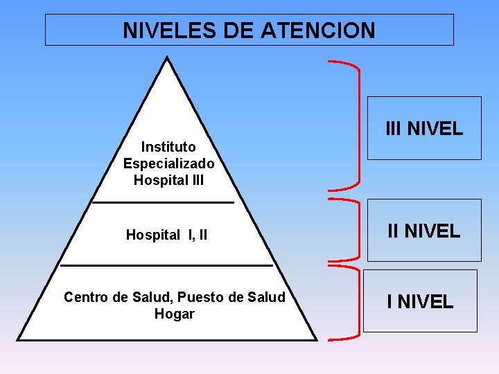 NIVELES DE ATENCION III NIVEL Instituto Especializado Hospital III Hospital I, II Centro de