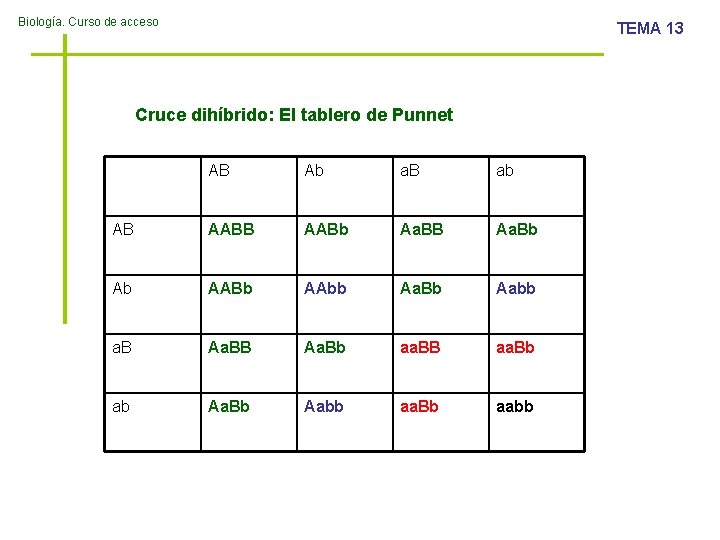 Biología. Curso de acceso TEMA 13 Cruce dihíbrido: El tablero de Punnet AB Ab