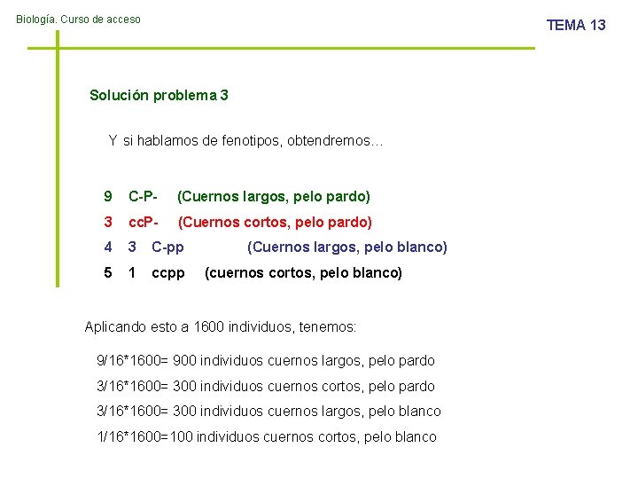 Biología. Curso de acceso TEMA 13 Solución problema 3 Y si hablamos de fenotipos,