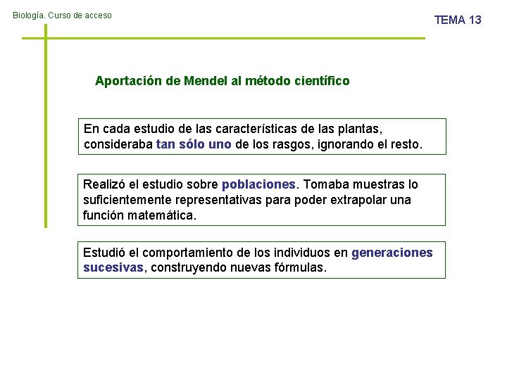 Biología. Curso de acceso Aportación de Mendel al método científico En cada estudio de