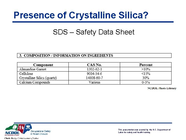 Presence of Crystalline Silica? SDS – Safety Data Sheet This presentation was created by