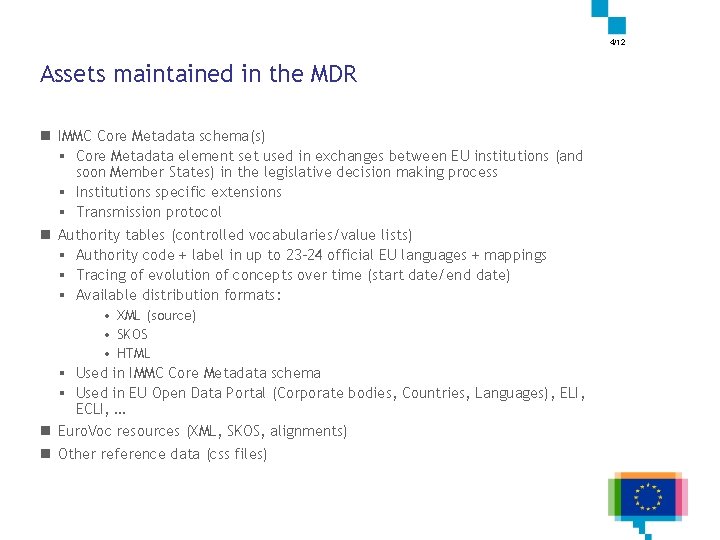 4/12 Assets maintained in the MDR n IMMC Core Metadata schema(s) § Core Metadata