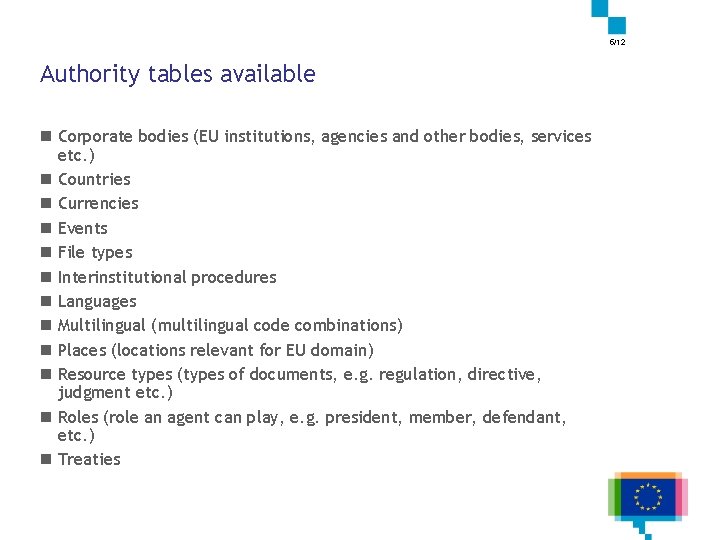 5/12 Authority tables available n Corporate bodies (EU institutions, agencies and other bodies, services