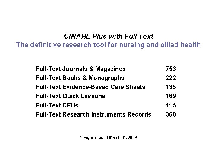 CINAHL Plus with Full Text The definitive research tool for nursing and allied health