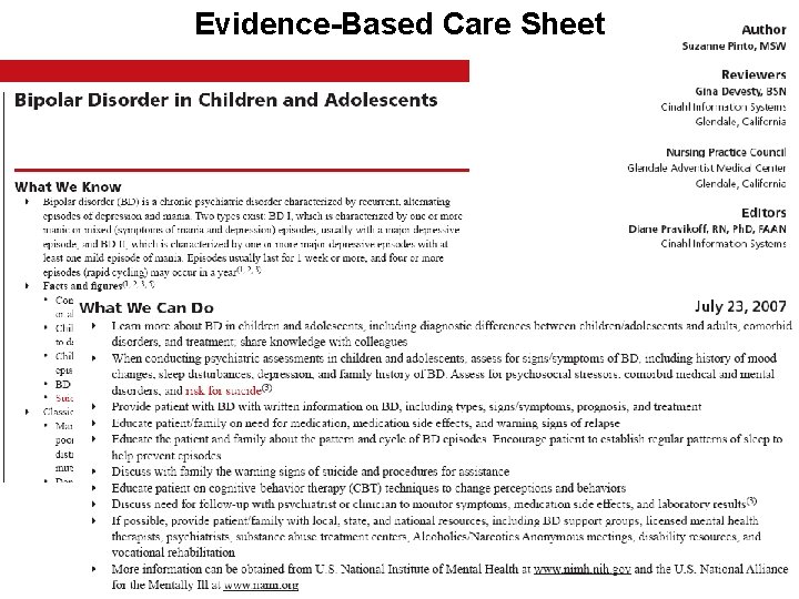 Evidence-Based Care Sheet 
