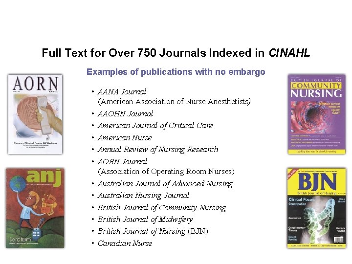 Full Text for Over 750 Journals Indexed in CINAHL Examples of publications with no