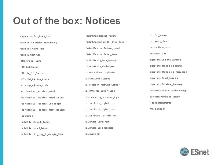 Out of the box: Notices Capture. Loss: : Too_Much_Loss Packet. Filter: : Dropped_Packets SSL: