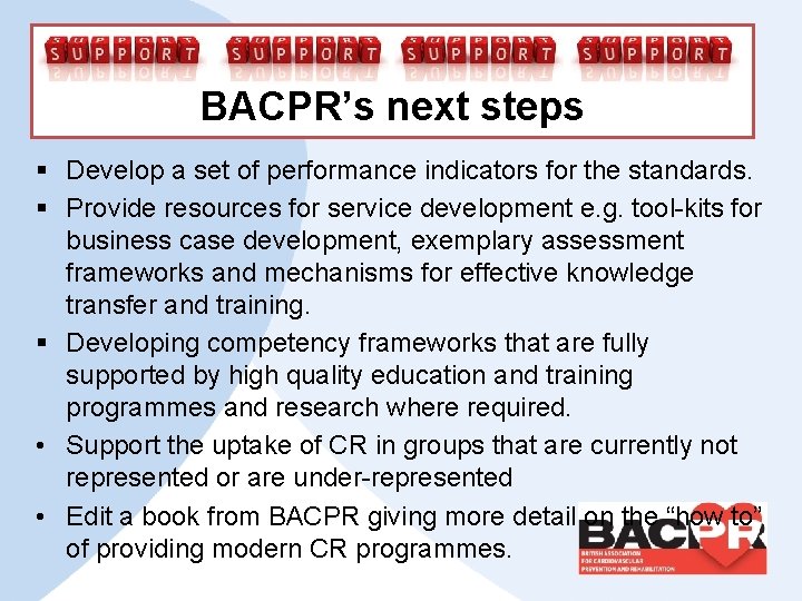 BACPR’s next steps § Develop a set of performance indicators for the standards. §