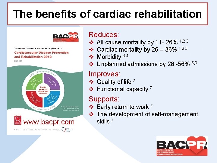 The benefits of cardiac rehabilitation Reduces: v v All cause mortality by 11 -