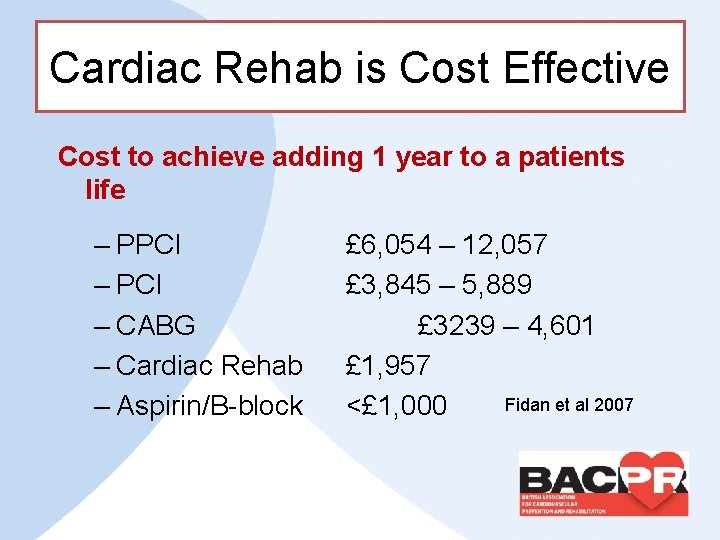 Cardiac Rehab is Cost Effective Cost to achieve adding 1 year to a patients