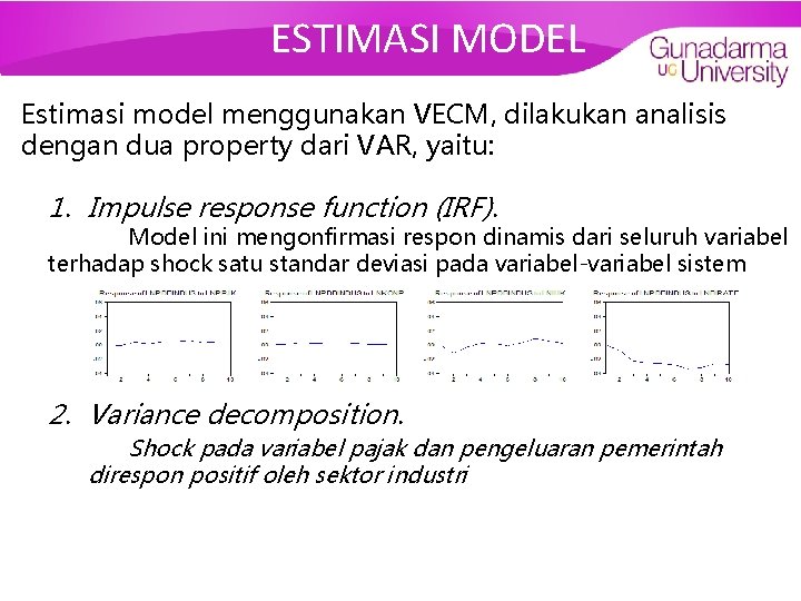 ESTIMASI MODEL Estimasi model menggunakan VECM, dilakukan analisis dengan dua property dari VAR, yaitu: